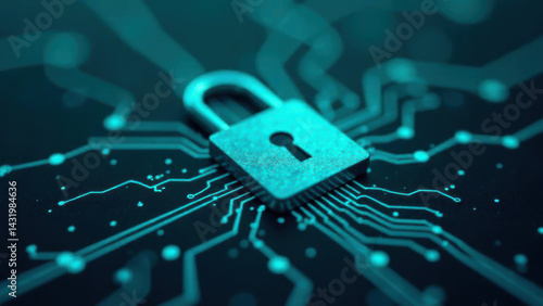 A digital padlock on a teal circuit board background symbolizes cybersecurity and technology safety