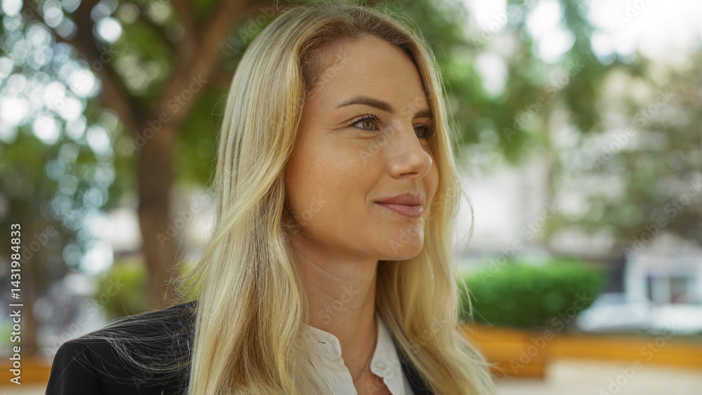 Woman smiling in an outdoor urban park setting with a vibrant green background, featuring a blonde attractive young woman enjoying the city atmosphere.