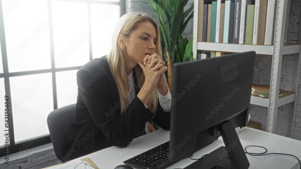 Woman working at computer in office with thoughtful expression amid books and plants, blonde hair and professional attire, modern indoor setting, daytime lighting