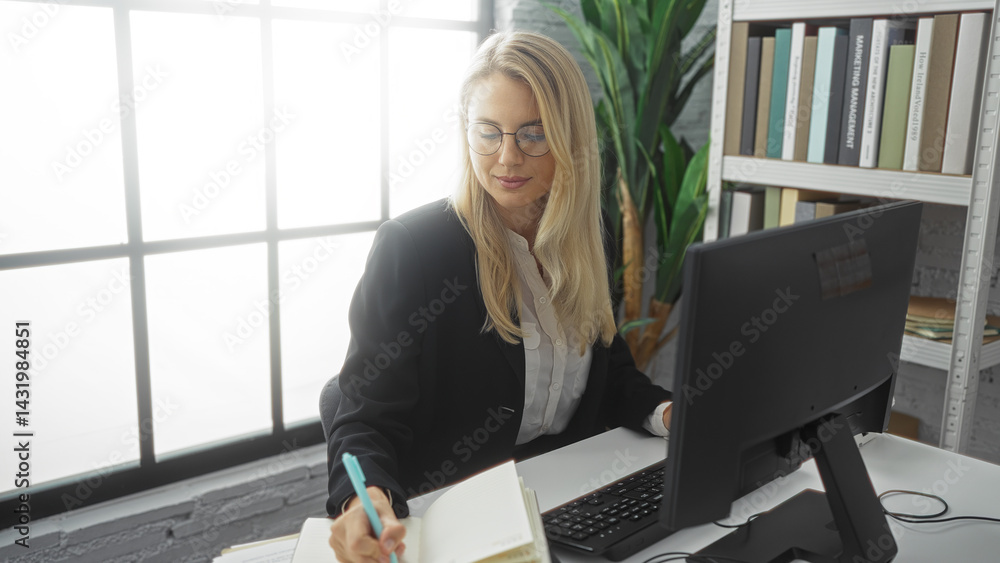 Woman working in office taking notes at desk with computer wearing glasses in professional indoor workplace setting surrounded by books under soft natural light