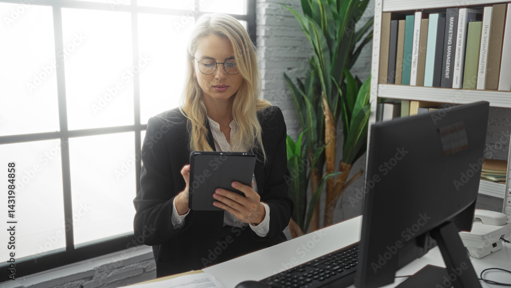 Young woman using tablet in modern office setting indoors with large windows and bookshelves, dressed in professional attire, focused on work-related tasks.