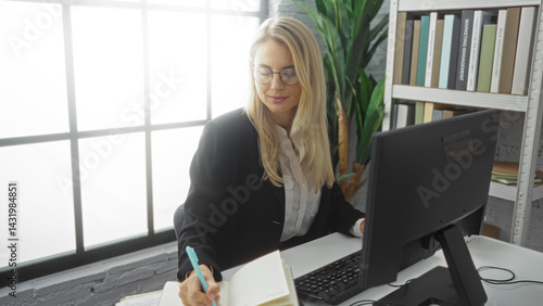 Obraz na płótnie Woman working in office taking notes at desk with computer wearing glasses in professional indoor workplace setting surrounded by books under soft natural light w salonie