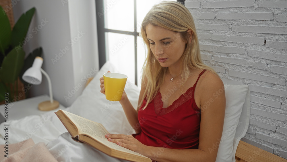 Woman reading book while sipping coffee in cozy bedroom setting with indoor plants and soft lighting, conveying a relaxed and serene atmosphere.