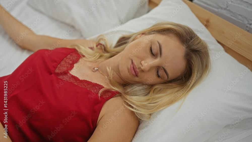 Woman sleeping peacefully in bed at home with blonde hair in red nightgown on comfortable white pillows in a serene bedroom setting.
