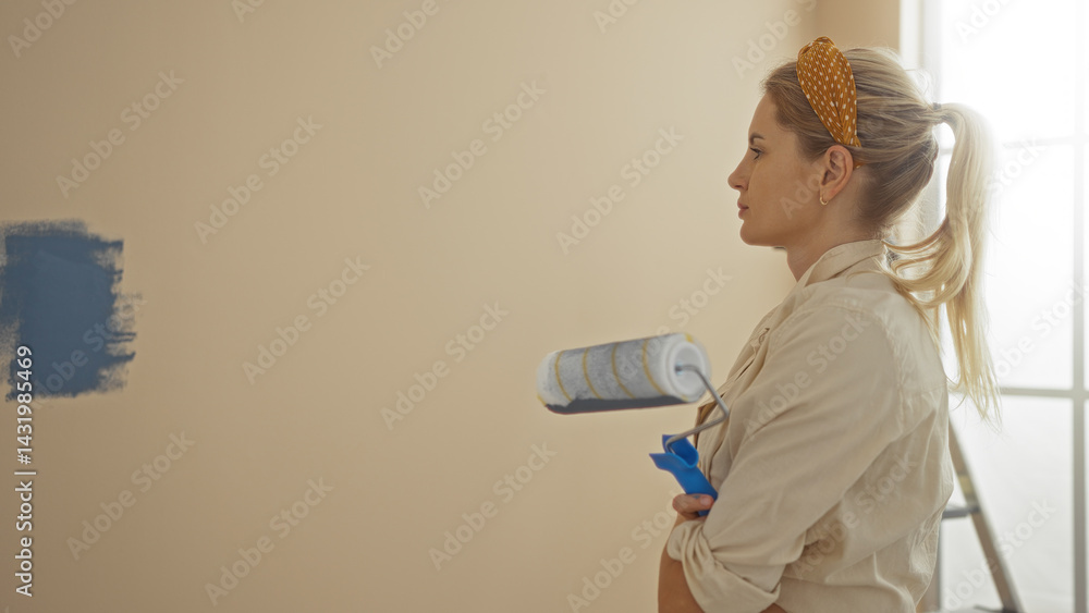 Woman painting wall in bright apartment holding roller with calm focus showcasing home improvement skills and style in bright sunlit interior space