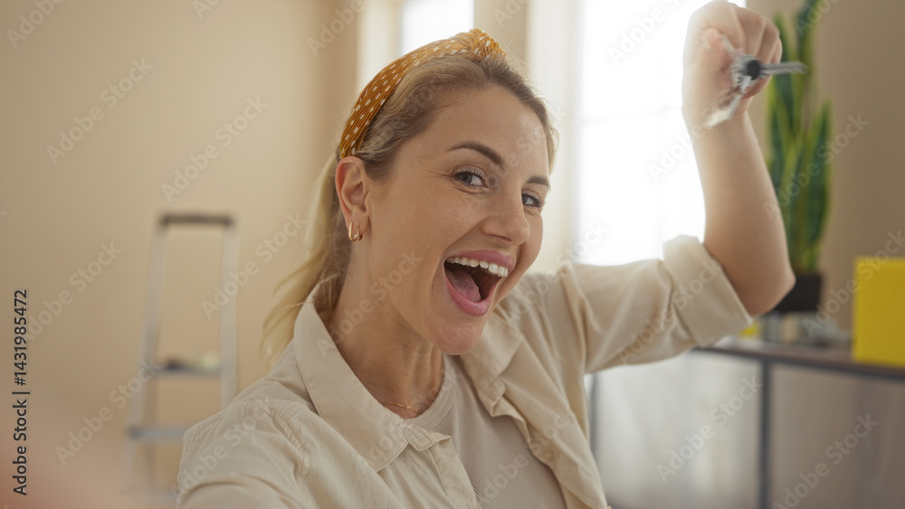 Woman holding keys indoors excited about new home smiling blonde caucasian happy young adult celebrating fresh start in bright apartment.