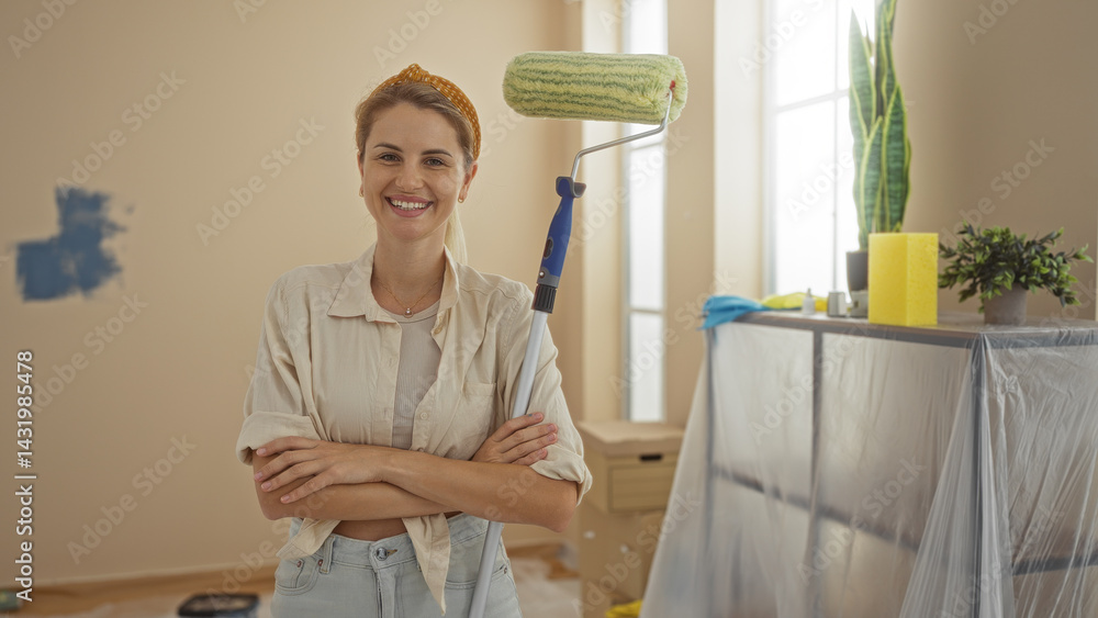 Woman smiling in living room holding paint roller renovating home interior with bright light coming from windows