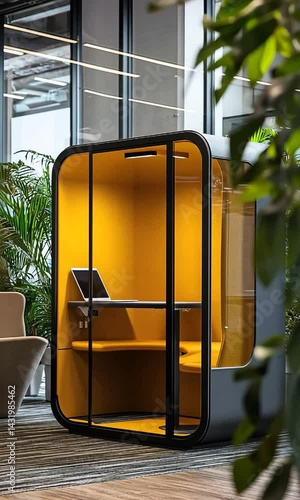 Modern workspace with a yellow soundproof booth surrounded by greenery and natural light