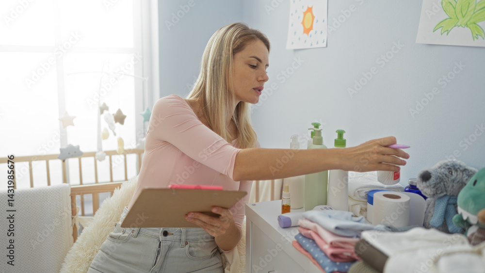 Woman in bedroom arranging baby items on a dresser, with blonde hair, holding a clipboard, surrounded by baby toys, bottles, and clothes in a cozy home interior.