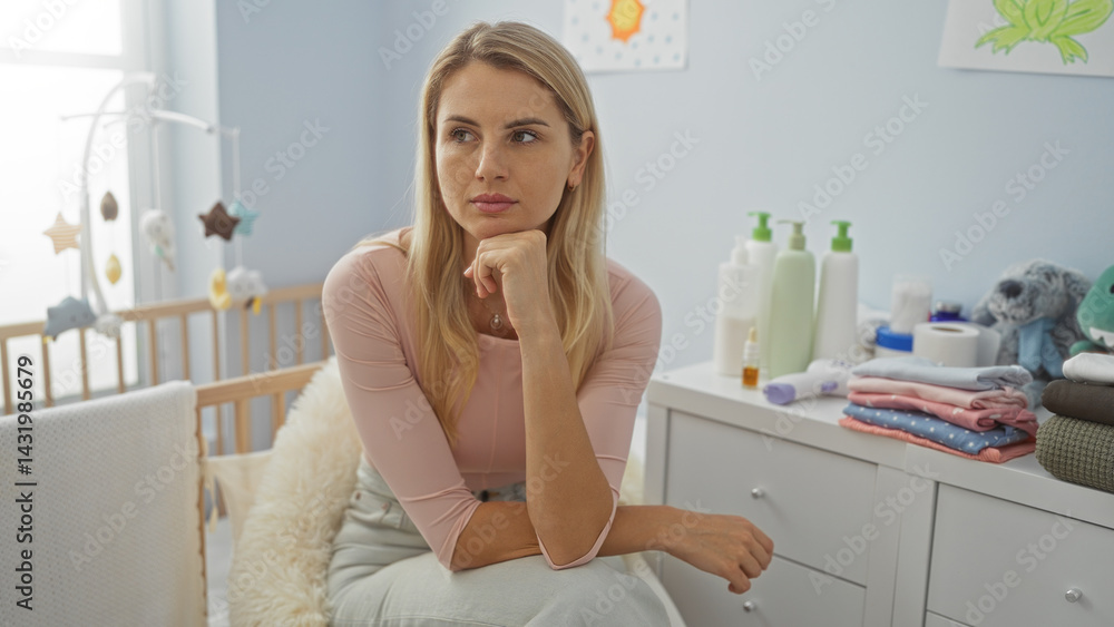 Woman sitting thoughtfully in a cozy nursery bedroom with baby items and a crib, wearing casual attire, surrounded by soft natural light, highlighting a serene indoor scene.