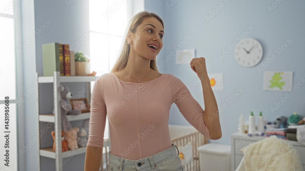 Woman celebrating in a cozy bedroom with soft natural light, standing joyfully by a crib with baby decor around, creating a warm and welcoming atmosphere.