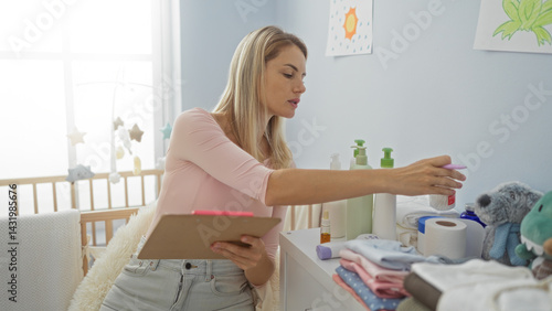 Obraz na płótnie Woman in bedroom arranging baby items on a dresser, with blonde hair, holding a clipboard, surrounded by baby toys, bottles, and clothes in a cozy home interior. w salonie
