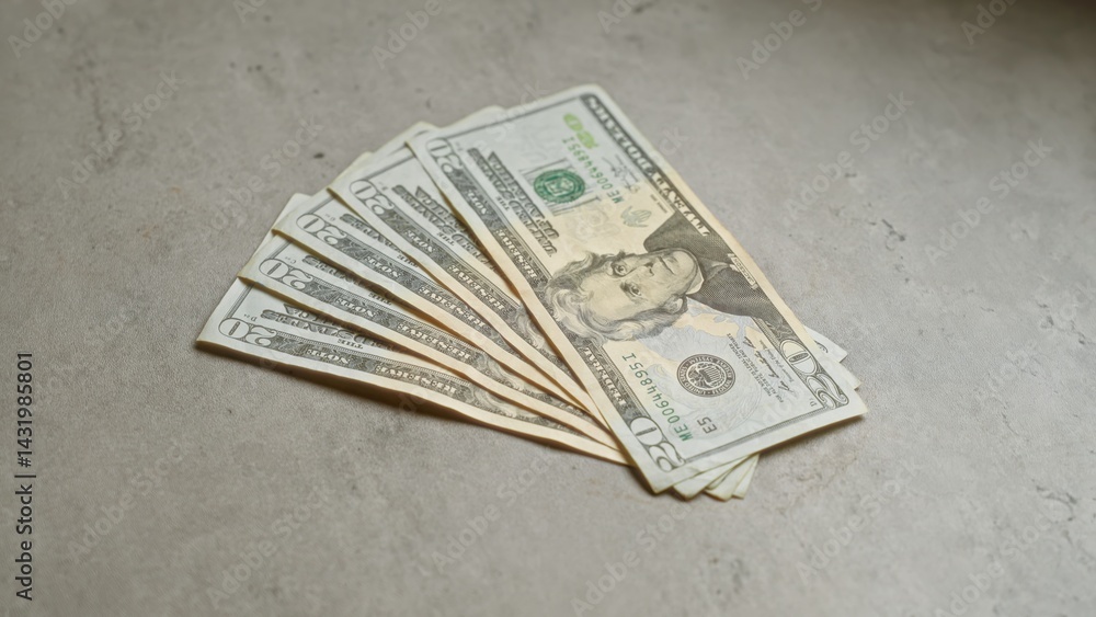 United states twenty-dollar banknotes fanned out on a concrete surface imply financial themes and monetary implications.