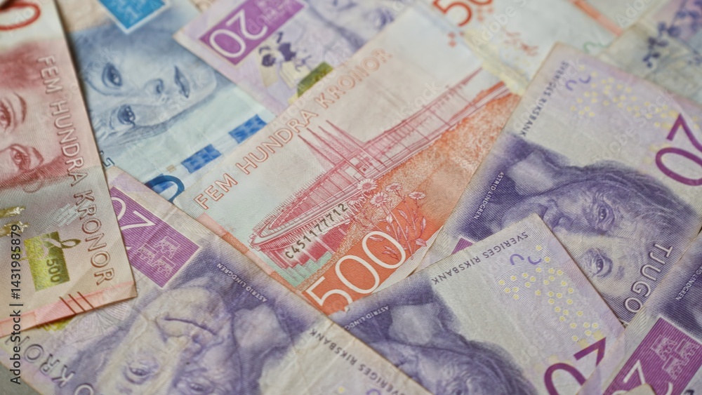 Swedish banknotes in various denominations, including 20, 50, 100, 500, and 200 kronor, spread out in a visually appealing layout.