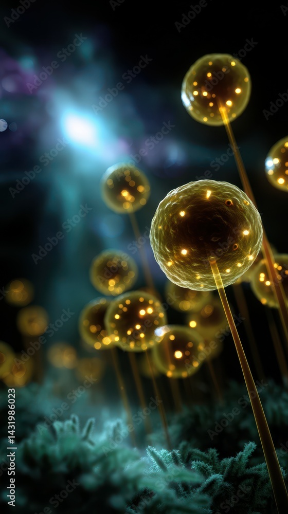 Stunning microscopic view of golden spheres illuminated in a dark environment Stunning microscopic view of golden spheres illuminated in a dark environment