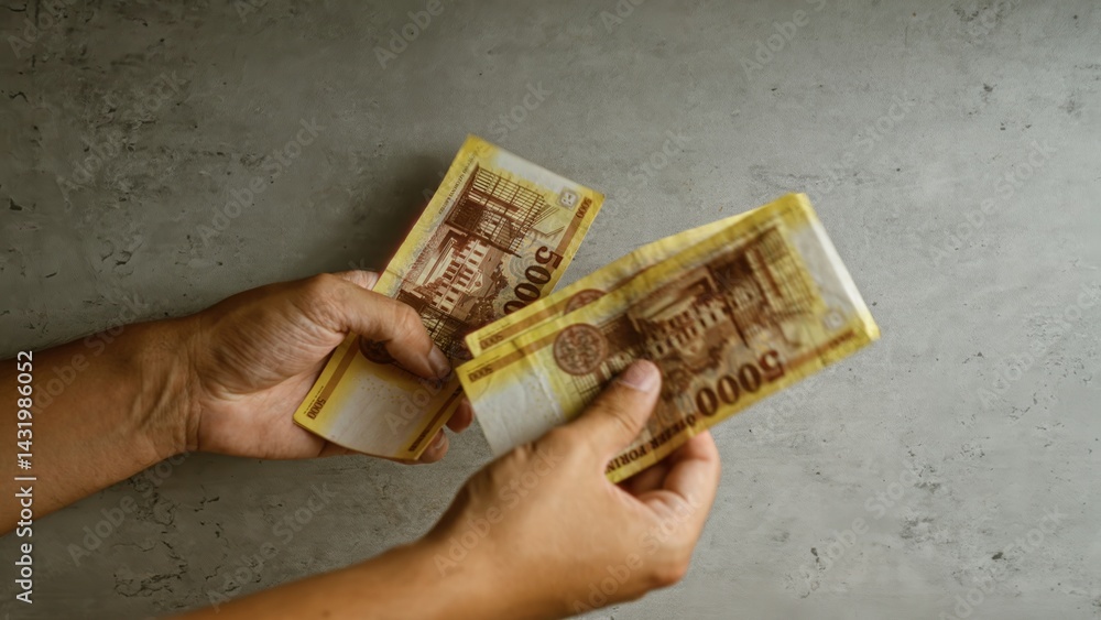 Hands holding hungarian forint banknotes against a concrete background.