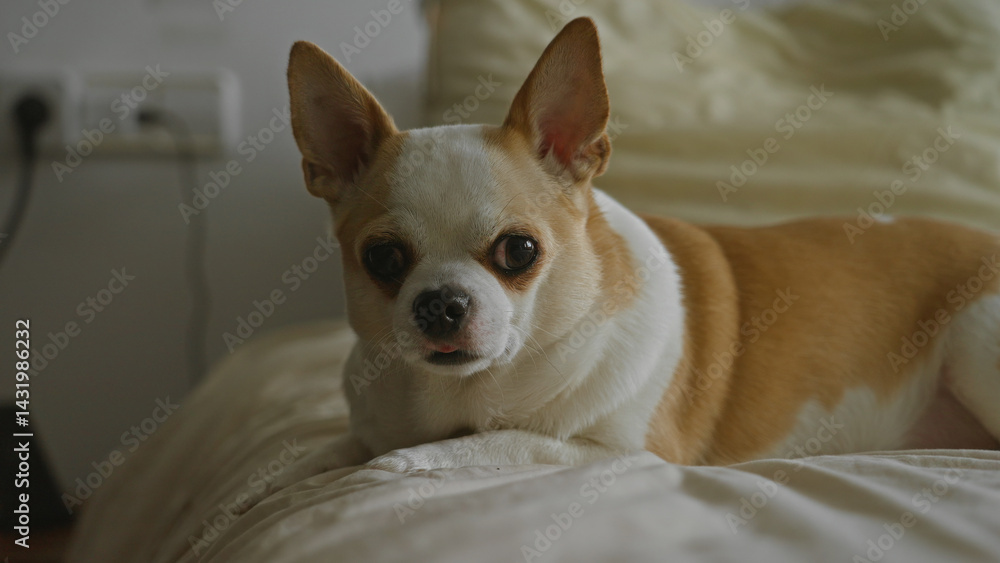 Chihuahua dog resting comfortably on a bed in a cozy bedroom setting at home, showcasing its smooth white and brown fur. Chihuahua dog resting comfortably on a bed in a cozy bedroom setting at home, showcasing its smooth white and brown fur.