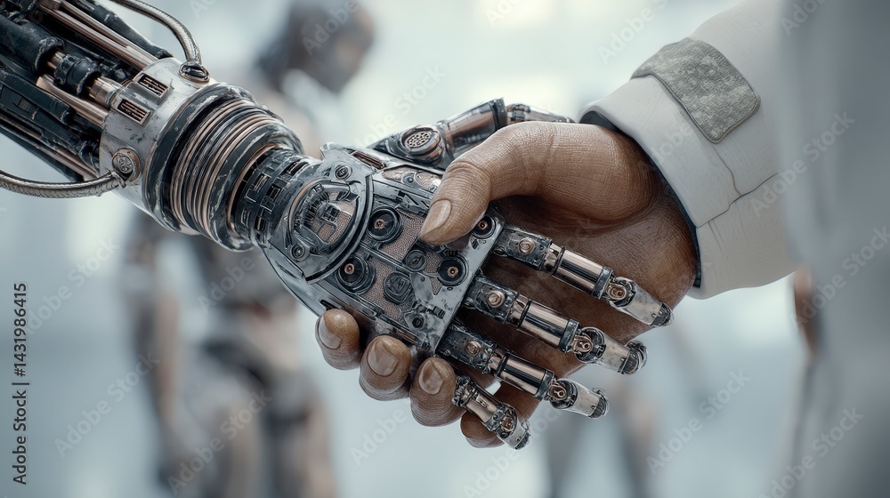 A human hand shakes a robotic hand symbolizing technology and partnership. A human hand shakes a robotic hand symbolizing technology and partnership.