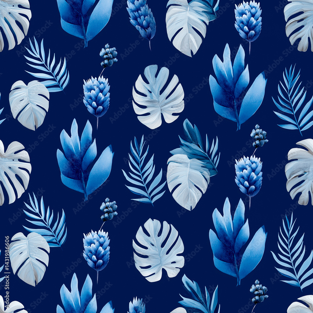 Fototapeta premium Vibrant seamless pattern featuring tropical leaves and flowers in shades of blue, perfect for creating a stylish and modern tile design, ideal for backgrounds and textiles, seamless background concept
