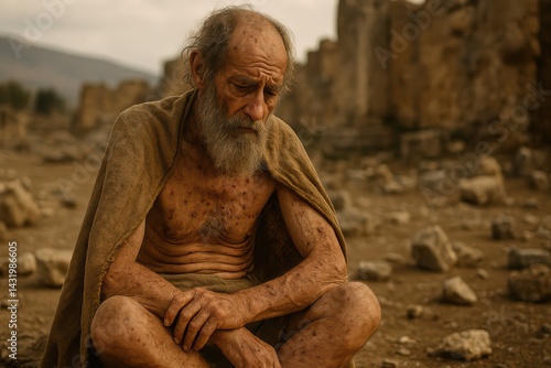 This realistic, high-quality image depicts Job, a biblical character known for his unwavering faith despite profound suffering and loss. The scene captures Job in contemplation.
