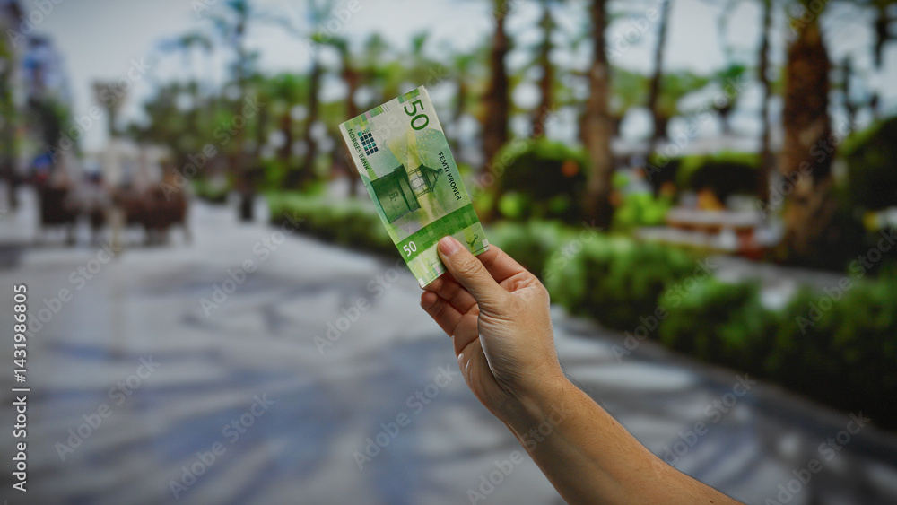 Hand holding norwegian krone banknote outdoors in urban park setting, embodying themes of money, finance, investment, and business in a city street environment.