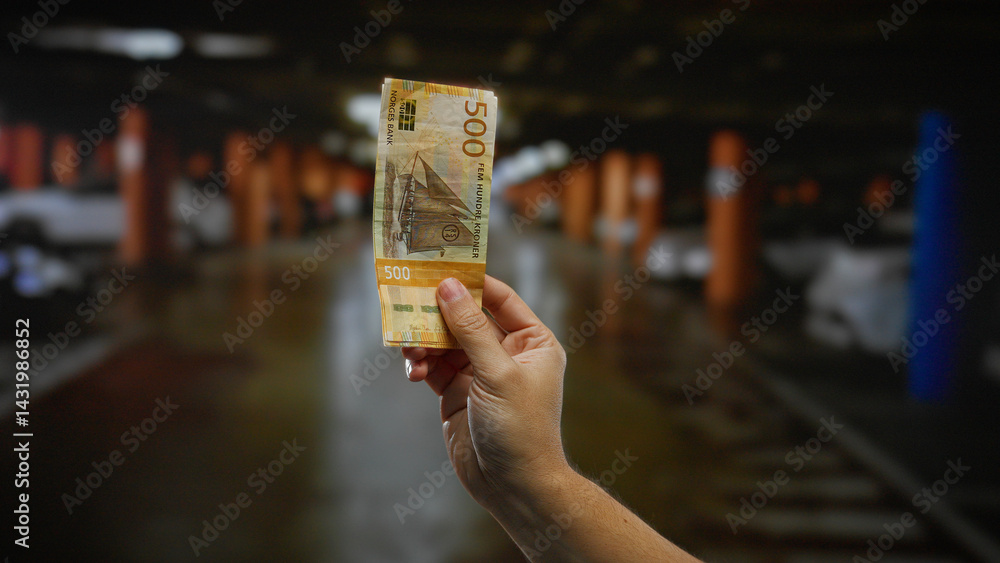 Hand holding norwegian krone indoors with a blurred parking garage in the background, suggesting urban investment opportunities.