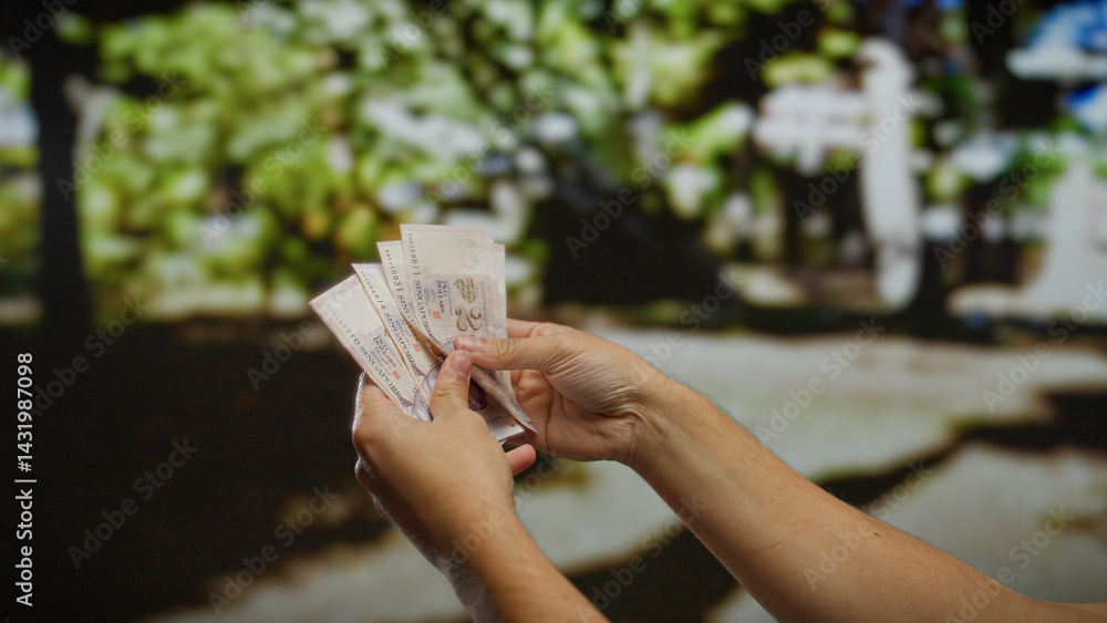 Man holding singapore banknotes in hands set against a blurred background of a sunny urban park, embodying the concept of financial planning outdoors.