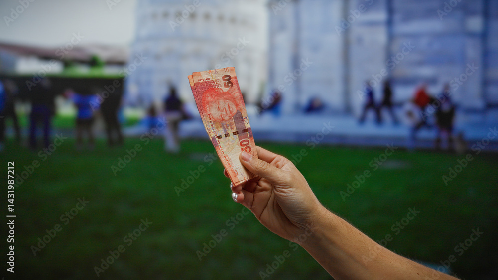 Man holding south african rand banknote outdoors with pisa's iconic architecture in the background, blending global finance and tourism in an urban cityscape.