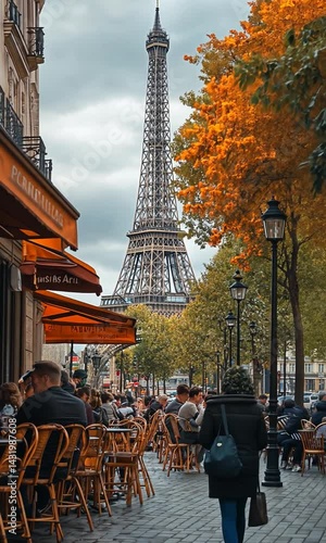 People dining at outdoor cafes in Paris with the Eiffel Tower in the background during autumn