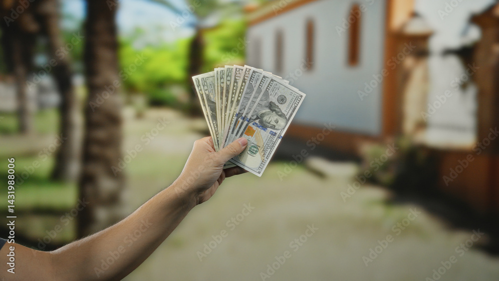 Man holding american dollars on a city street, showcasing financial success with a cityscape backdrop, bright day and urban setting, emphasizing wealth and opportunity.