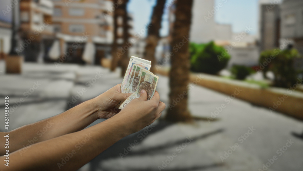 Man holding polish zloty banknotes on a street outdoors in a city setting, showcasing an economic and financial scene involving currency exchange.