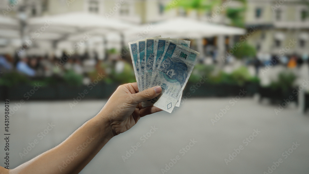 Man holding polish zloty banknotes outdoors at a restaurant terrace, with city street and coffee patrons seen in the background, showcasing commerce in poland.