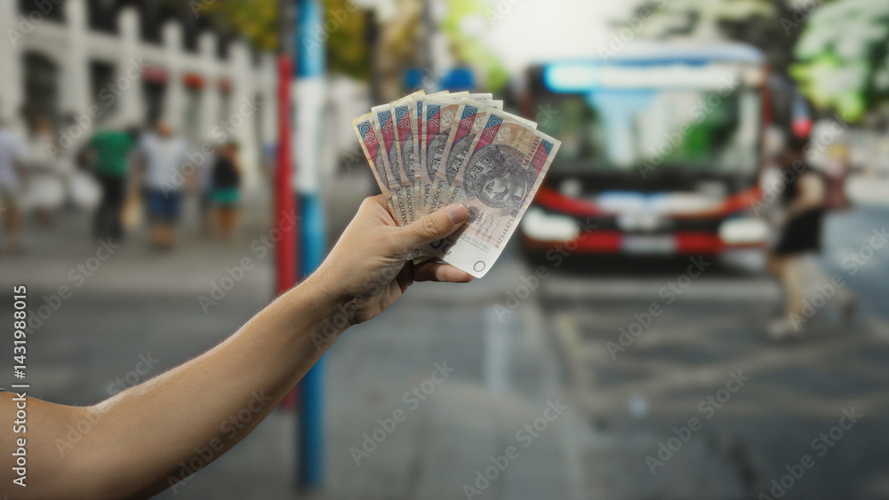 Man holding polish zloty banknotes in hand at a bus stop, capturing the essence of urban polish life with people and public transport in the background.