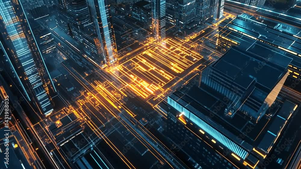 Futuristic Cityscape Aerial View with Glowing Lines and Modern Buildings at Night Futuristic Cityscape Aerial View with Glowing Lines and Modern Buildings at Night