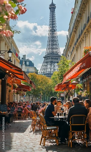 People dining at outdoor cafes in Paris with the Eiffel Tower in the background on a sunny day