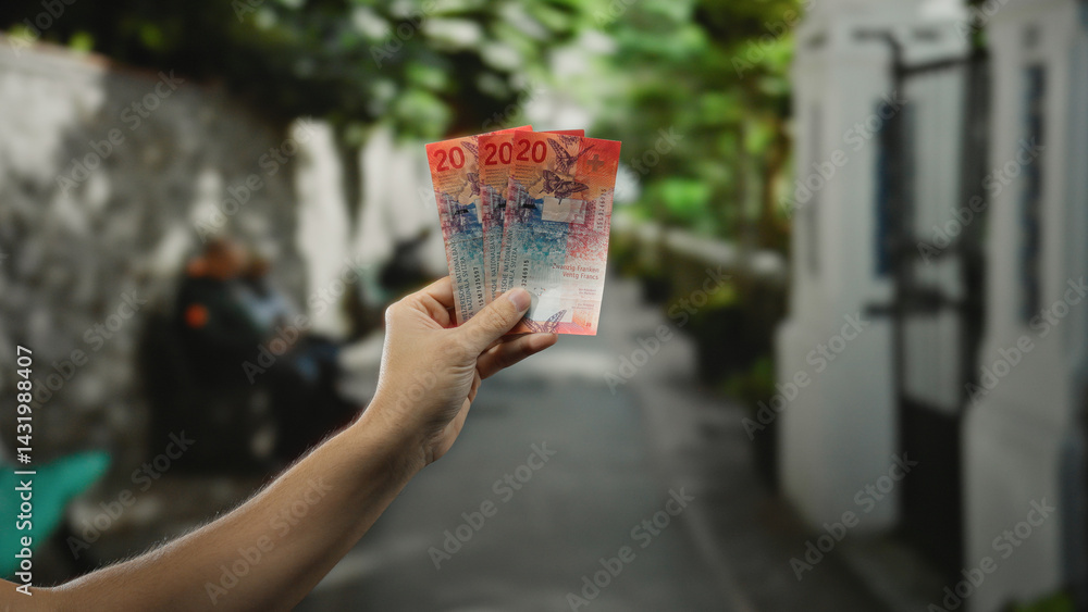 Hand holding swiss francs on a city street, with a man visible in the blurred background, depicting an outdoor transaction or financial concept.