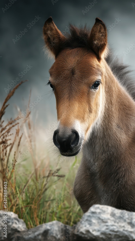 Fototapeta premium Young horse stands in a misty meadow surrounded by tall grass and rocks during early morning light