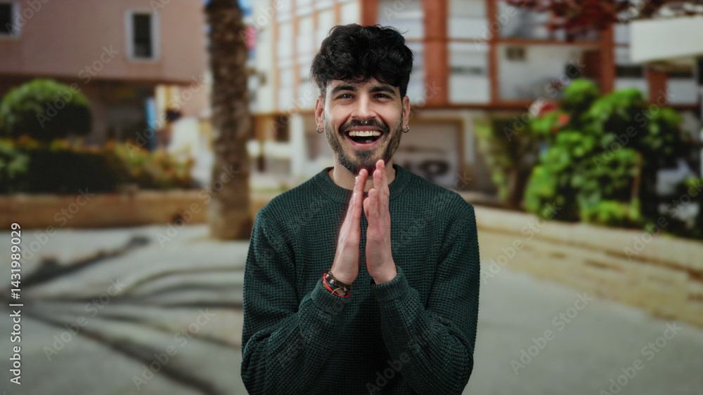 Young man with a cheerful expression enjoying a sunny day on an urban street with trees and buildings in the backdrop.
