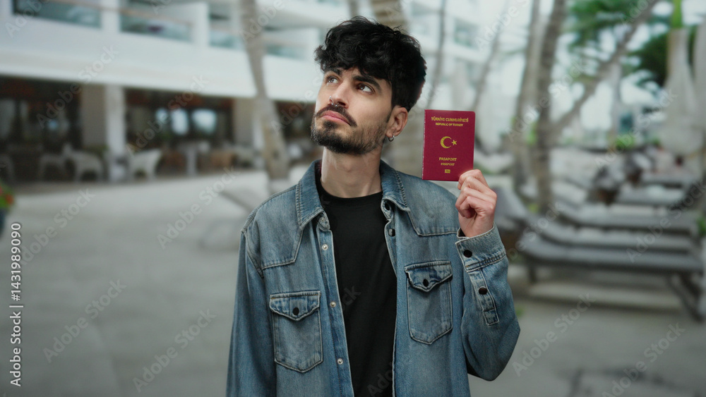 Man outdoors holding turkish passport in urban setting showcasing travel and identity concept in contemporary town street.