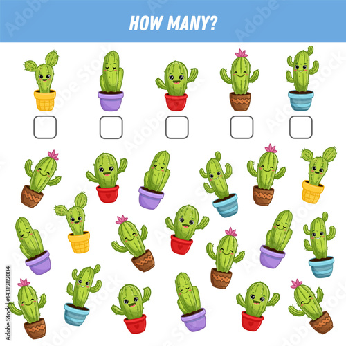 How many cartoon cacti are there. Count the number of funny cactus in pot. Cactus in flat style for magazine, cards, games, books. Funny cacti. Math worksheet for kids. Vector illustration