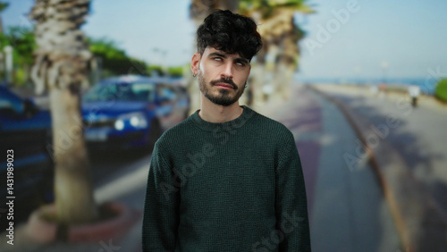 Handsome young man with curly hair standing on an urban street with palm trees in the background exuding a relaxed yet thoughtful demeanor.