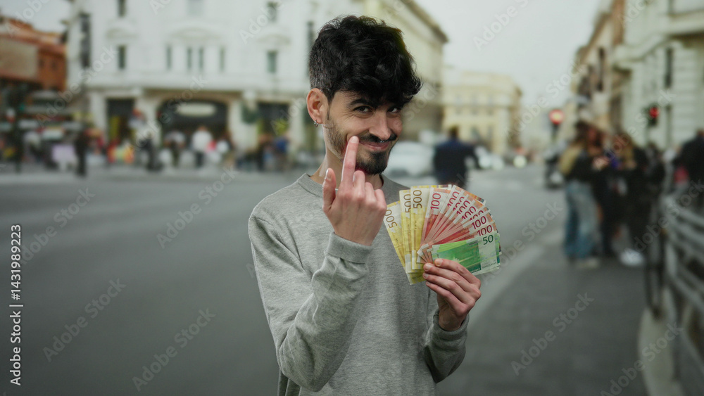 Man holding norwegian krone banknotes smiling confidently on an urban street with blurred pedestrians and buildings in the background.