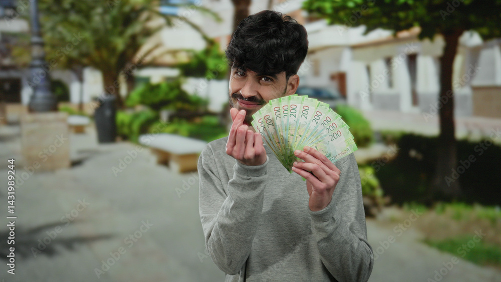 Man holding russian banknotes on an urban street, smiling outdoors with a scenic town background showing trees and blurred buildings.