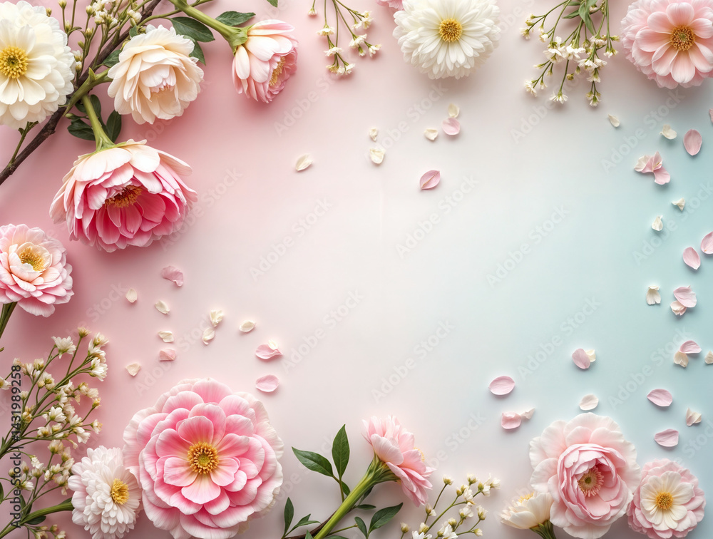 The image features a gradient background transitioning from pink to blue, decorated with various pink and white flowers and petals scattered around the edges