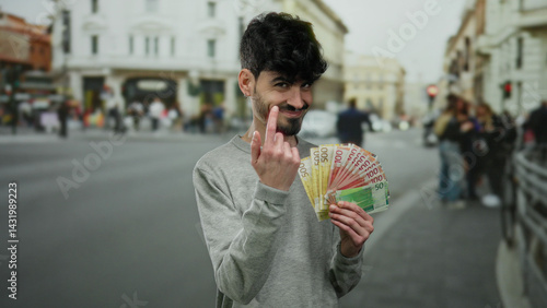 Obraz na płótnie Man holding norwegian krone banknotes smiling confidently on an urban street with blurred pedestrians and buildings in the background. w salonie