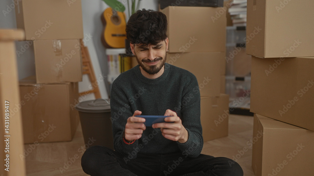 Young man sitting on floor in new apartment surrounded by boxes playing on smartphone, showing relaxed unpacking moment with guitar in the background, conveying fresh start.