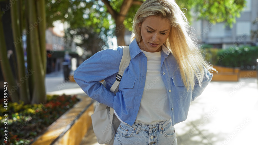Woman feeling back pain in urban park setting with blonde hair wearing casual jeans and blue shirt outdoors on sunny day city street exterior.