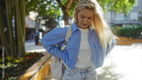 Obraz na płótnie Woman feeling back pain in urban park setting with blonde hair wearing casual jeans and blue shirt outdoors on sunny day city street exterior. w salonie