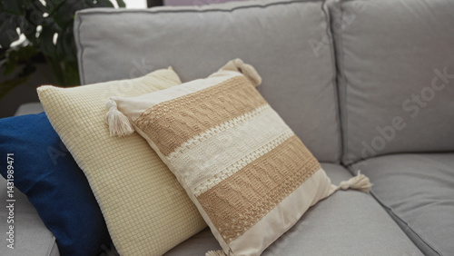 Cozy living room interior featuring decorative pillows on a comfortable gray sofa, highlighting a peaceful home setting with warm textures and a relaxed ambiance.