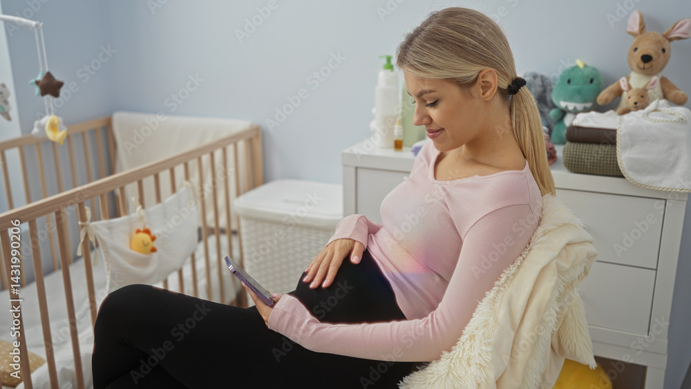 Woman sitting in cozy bedroom holding phone with smiling expression surrounded by baby accessories, embodying warmth, relaxation, and anticipation. Woman sitting in cozy bedroom holding phone with smiling expression surrounded by baby accessories, embodying warmth, relaxation, and anticipation.